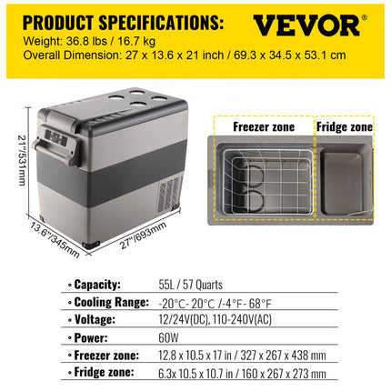 VEVOR Camping Koelkast Koelbox Koelkast Boot Auto Koelkast Compressor 220 V 45 W Auto Koelkast 55 L Mini Koelkast met Batterij Beschermingssysteem