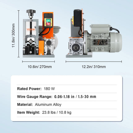 VEVOR Kabelstripmachine Elektrisch φ1.5-30mm Kabelstripmachine 180W Stripmachine 18m per minuut Snelheid Draadstripper 65Mn Veerstalen mes Ideaal voor het strippen van koperdraad