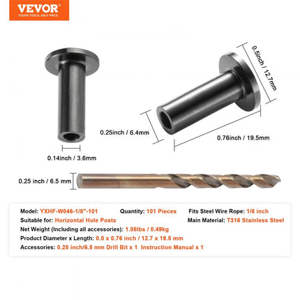VEVOR 101 stks T316 roestvrijstalen beschermhoezen voor 1/8 "draadkabel kabelrailing DIY balustrade T316 maritieme kwaliteit met gratis boor zwart
