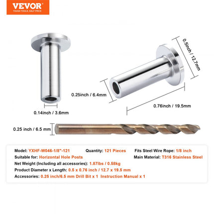 VEVOR 121 stks T316 roestvrijstalen beschermhoezen voor 1/8 "draadkabel kabelrailing DIY balustrade T316 maritieme kwaliteit met gratis boor zilver