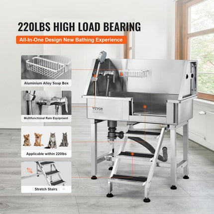 VEVOR Professionele hondenverzorgingskuip 86cm roestvrijstalen huisdierbad hondenwasstation max. 100kg hondenverzorgingsdouche hondenwassysteem huisdierverzorgingskuip met linkerdeur hondendouche waskuip