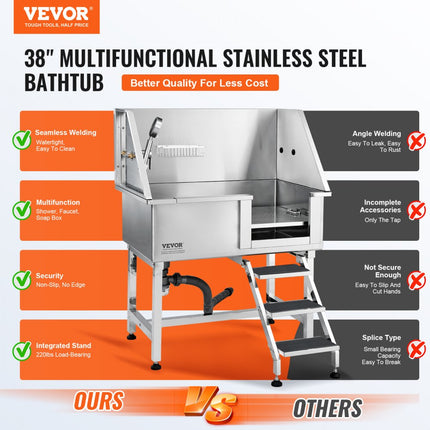 VEVOR Professionele hondenverzorgingskuip 965,2 mm roestvrijstalen dierenbad hondenwasstation max. 100kg hondenverzorgingsdouche hondenwassysteem huisdierverzorgingskuip hondendouche waskuip