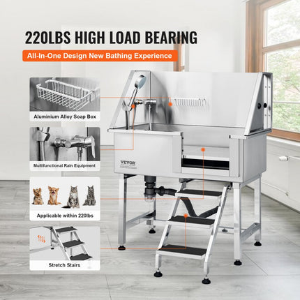 VEVOR Professionele hondenverzorgingskuip 965,2 mm roestvrijstalen dierenbad hondenwasstation max. 100kg hondenverzorgingsdouche hondenwassysteem huisdierverzorgingskuip hondendouche waskuip