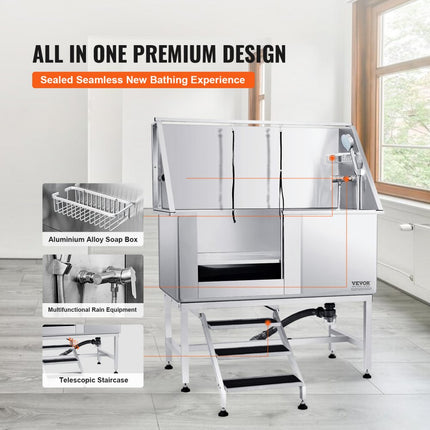 VEVOR Professionele hondenverzorgingskuip 127cm roestvrij staal huisdierbad hondenwasstation max.150kg hondenverzorgingsdouche hondenwassysteem huisdierverzorgingskuip met linkerdeur hondendouche waskuip