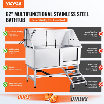 VEVOR Professionele hondenverzorgingskuip 1574,8 mm roestvrij staal huisdierbad Hondenwasstation 200kg Hondenverzorging Hondenwassysteem Huisdierverzorgingskuip met een gevouwen ontwerp Hondendouche Waskuip