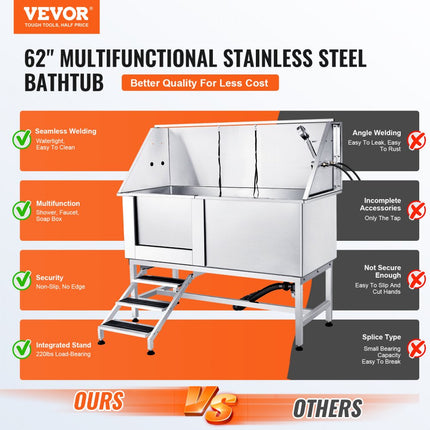 VEVOR Professionele hondenverzorgingskuip 1574,8 mm roestvrij staal huisdierbad Hondenwasstation 200 kg Hondenverzorgingsdouche Hondenwassysteem Huisdierverzorgingskuip met gevouwen ontwerp Hondendouche waskuip