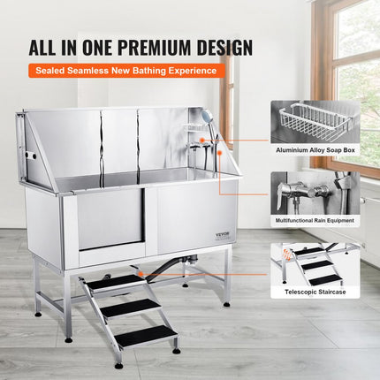VEVOR Professionele hondenverzorgingskuip 1574,8 mm roestvrij staal huisdierbad Hondenwasstation 200 kg Hondenverzorgingsdouche Hondenwassysteem Huisdierverzorgingskuip met gevouwen ontwerp Hondendouche waskuip