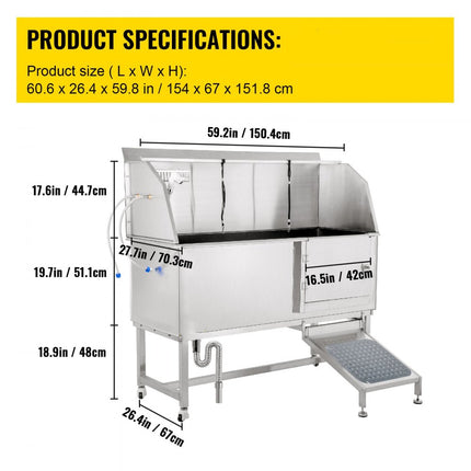 VEVOR Hond Grooming Bad Hondenwasstation 59 inch Badkuip van RVS met Accessoires