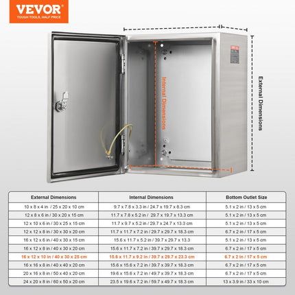 VEVOR elektrische kast, 40 x 30 x 25 cm elektrische behuizing, 304 roestvrijstalen wandgemonteerde behuizing voor elektrische en elektronische apparatuur buitenshuis, IP66 waterdicht