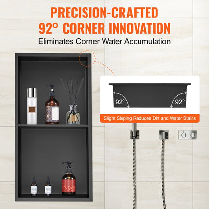 VEVOR wandnis 10x33,02x63,5cm douchenis roestvrijstalen nis dubbellaags 100% waterdichte nismontage 0-40°C bedrijfstemperatuur 92° binnenhoekontwerp ideaal voor badkamers slaapkamer studeerkamer