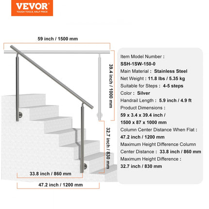 VEVOR railing RVS trapleuning leuning borstwering balkonleuning 150cm