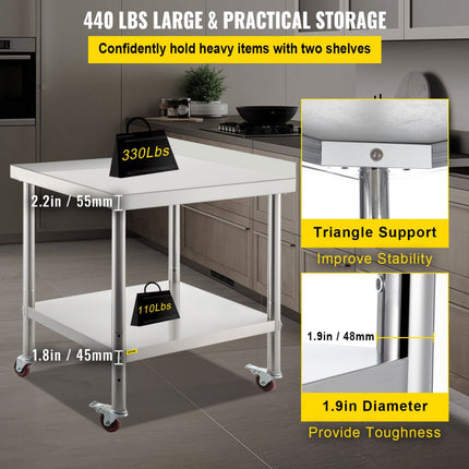 VEVOR roestvrijstalen voorbereidingstafel werktafel, 61 x 38 x 89 cm, draagvermogen 200 kg, robuuste metalen werktafel met verstelbare achterwand en 4 wielen, commerciële werkplek voor keukenrestaurants