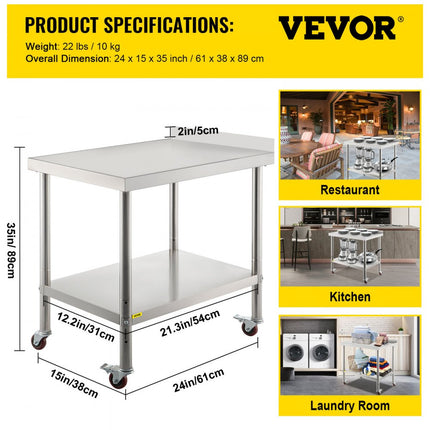 VEVOR roestvrijstalen voorbereidingstafel werktafel, 61 x 38 x 89 cm, draagvermogen 200 kg, robuuste metalen werktafel met verstelbare achterwand en 4 wielen, commerciële werkplek voor keukenrestaurants