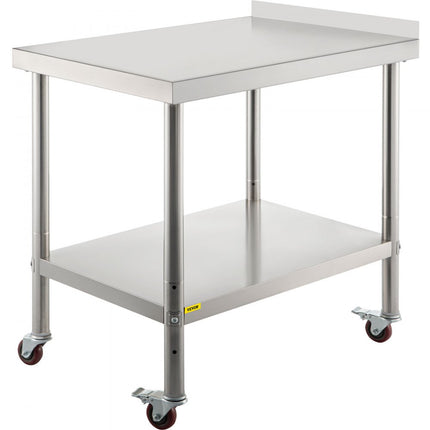 VEVOR roestvrijstalen voorbereidingstafel werktafel, 61 x 38 x 89 cm, draagvermogen 200 kg, robuuste metalen werktafel met verstelbare achterwand en 4 wielen, commerciële werkplek voor keukenrestaurants