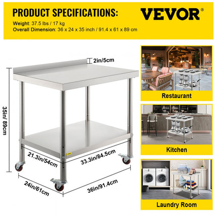 VEVOR Rvs Tafel Werktafel Keuken 36x24x35 inch Rvs Keuken Werkbank 440lbs Heavy-duty Metalen Horeca Werktafel Voedselbereiding Keukentafel