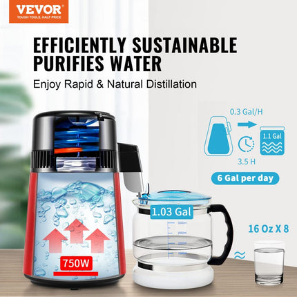 VEVOR waterdestilleerder, 4 l zuiver waterfilter voor thuiswerkblad, 750 W gedistilleerde watermaker, roestvrijstalen binnendestilleerder waterbereidingsmachine rood 1 l per uur
