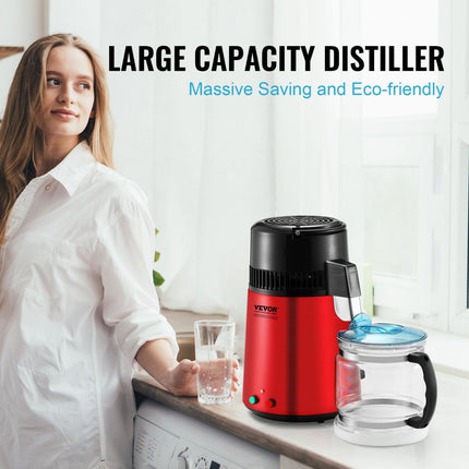 VEVOR waterdestilleerder, 4 l zuiver waterfilter voor thuiswerkblad, 750 W gedistilleerde watermaker, roestvrijstalen binnendestilleerder waterbereidingsmachine rood 1 l per uur