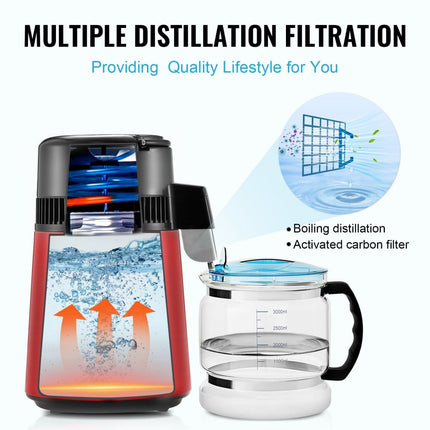 VEVOR waterdestilleerder, 4 l zuiver waterfilter voor thuiswerkblad, 750 W gedistilleerde watermaker, roestvrijstalen binnendestilleerder waterbereidingsmachine rood 1 l per uur