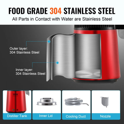 VEVOR waterdestilleerder, 4 l zuiver waterfilter voor thuiswerkblad, 750 W gedistilleerde watermaker, roestvrijstalen binnendestilleerder waterbereidingsmachine rood 1 l per uur