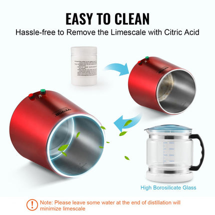VEVOR waterdestilleerder, 4 l zuiver waterfilter voor thuiswerkblad, 750 W gedistilleerde watermaker, roestvrijstalen binnendestilleerder waterbereidingsmachine rood 1 l per uur