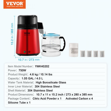 VEVOR waterdestilleerder, 4 l zuiver waterfilter voor thuiswerkblad, 750 W gedistilleerde watermaker, roestvrijstalen binnendestilleerder waterbereidingsmachine rood 1 l per uur