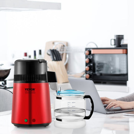 VEVOR waterdestilleerder, 4 l zuiver waterfilter voor thuiswerkblad, 750 W gedistilleerde watermaker, roestvrijstalen binnendestilleerder waterbereidingsmachine rood 1 l per uur
