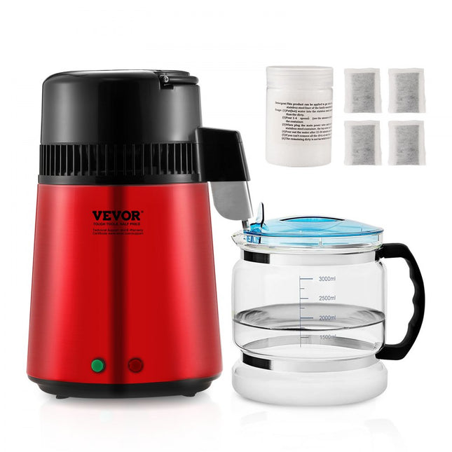 VEVOR waterdestilleerder, 4 l zuiver waterfilter voor thuiswerkblad, 750 W gedistilleerde watermaker, roestvrijstalen binnendestilleerder waterbereidingsmachine rood 1 l per uur
