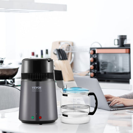VEVOR waterdestilleerder waterdestilleerder, 4 L zuiver waterfilter voor thuiswerkblad, 750 W gedestilleerd watermaker grijs, roestvrijstalen binnendestilleerder watermachine, 1 L per uur.