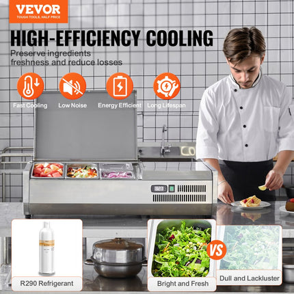 VEVOR Gekoeld kruidenstation op het aanrecht, voorbereidingsstation met 1 x 1/3 pan en 4 x 1/6 pannen, 304 roestvrijstalen behuizing en PC-deksel, sandwichbereidingstafel met roestvrijstalen beschermer