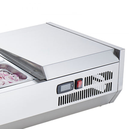 VEVOR Gekoeld kruidenstation op het aanrecht, voorbereidingsstation met 2 x 1/3 pan en 4 en 1/6 pannen, 304 roestvrijstalen behuizing en PC-deksel, sandwichbereidingstafel met roestvrijstalen beschermer