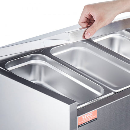 VEVOR Gekoeld kruidenstation op het aanrecht, voorbereidingsstation met 3 x 1/3 pan en 4 x 1/6 pannen, 304 roestvrijstalen behuizing en PC-deksel, sandwichbereidingstafel met roestvrijstalen beschermer