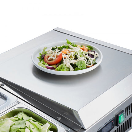 VEVOR Gekoeld kruidenstation op het aanrecht, voorbereidingsstation met 3 x 1/3 pan en 4 x 1/6 pannen, 304 roestvrijstalen behuizing en PC-deksel, sandwichbereidingstafel met roestvrijstalen beschermer