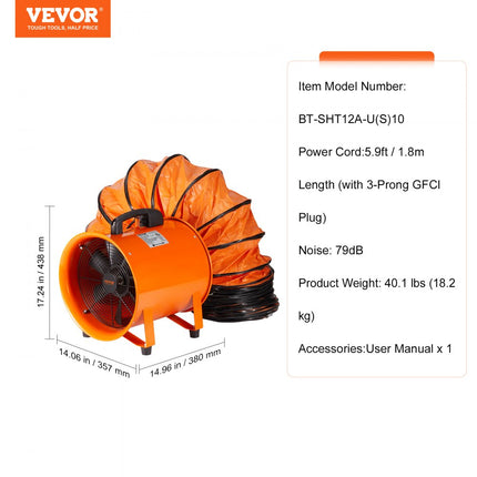 VEVOR bouwventilator 367 W AC-motor bouwventilator 2800 rpm bouwventilator blower 1214 L/s (2574 CFM) axiaalventilator met 10 m slang axiaalventilator 79 dB geluidsniveau industriële ventilator