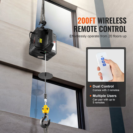 VEVOR 2 in 1 elektrische kabellier 498,95kg draagvermogen kabeltakel hefsnelheid ≥4m/min motorlier 7m hefhoogte kabeltakel 1500W kabeltakel 2 bedieningsmodi handmatig/draadloos