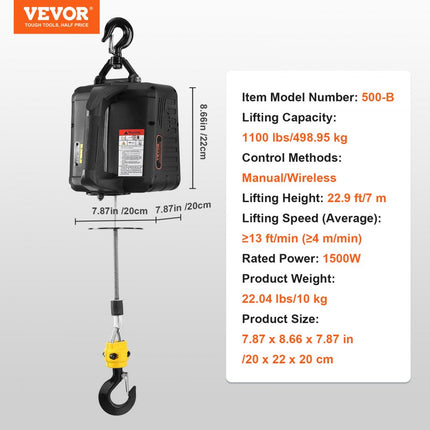 VEVOR 2 in 1 elektrische kabellier 498,95kg draagvermogen kabeltakel hefsnelheid ≥4m/min motorlier 7m hefhoogte kabeltakel 1500W kabeltakel 2 bedieningsmodi handmatig/draadloos