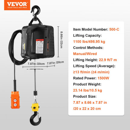VEVOR 2 in 1 elektrische lier 498,95kg draagvermogen touwtakel hefsnelheid ≥4m/min motorlier 7m hefhoogte touwtakel 1500W touwtakel 2 bedieningsmodi handmatige/bedrade afstandsbediening