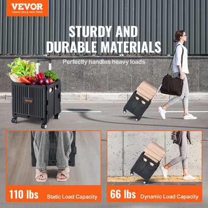 VEVOR opvouwbare boodschappentrolley 24,9kg (dynamisch)/49,8kg (statisch) trolley gemaakt van PP mand en rubberen wielen boodschappenmand boodschappentrolley 364x310x892mm Vouwdoos met wielen is geschikt voor alle soorten terrein