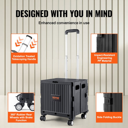 VEVOR opvouwbare boodschappentrolley 24,9kg (dynamisch)/49,8kg (statisch) trolley gemaakt van PP mand en rubberen wielen boodschappenmand boodschappentrolley 364x310x892mm Vouwdoos met wielen is geschikt voor alle soorten terrein