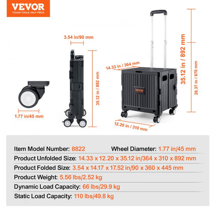 VEVOR opvouwbare boodschappentrolley 24,9kg (dynamisch)/49,8kg (statisch) trolley gemaakt van PP mand en rubberen wielen boodschappenmand boodschappentrolley 364x310x892mm Vouwdoos met wielen is geschikt voor alle soorten terrein