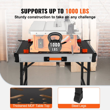 VEVOR werk- en opspantafel inklapbaar 454kg draagvermogen werkbank 84,5x60x73,5cm werktafel MDF tafelblad Q195 stalen frame klemkracht ≥210N zwart ideaal voor zagen slijpen reinigen lijmen
