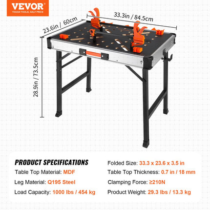 VEVOR werk- en opspantafel inklapbaar 454kg draagvermogen werkbank 84,5x60x73,5cm werktafel MDF tafelblad Q195 stalen frame klemkracht ≥210N zwart ideaal voor zagen slijpen reinigen lijmen