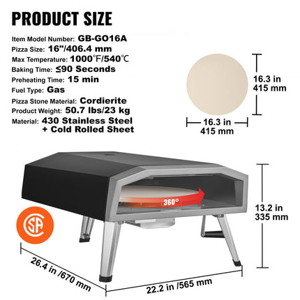 VEVOR Outdoor Draagbare Pizza Oven 406.4mm, Gas Houtpellets Houtskool Pizza Oven, RVS Pizza Oven, Max 540℃ Houtpellet Schep & Pizza Steen & Draagtas - Premium Houtgestookte Pizza Oven voor Tuin