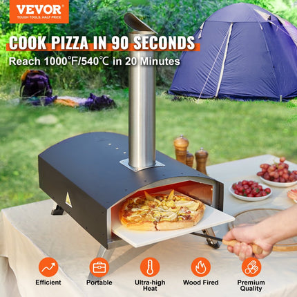 VEVOR Outdoor Draagbare Pizza Oven 304.8mm, Gas Houtpellets Houtskool Pizza Oven, RVS Pizza Oven, Max 540℃ Houtpellet Schep & Pizza Steen & Draagtas - Premium Houtgestookte Pizza Oven voor Tuin