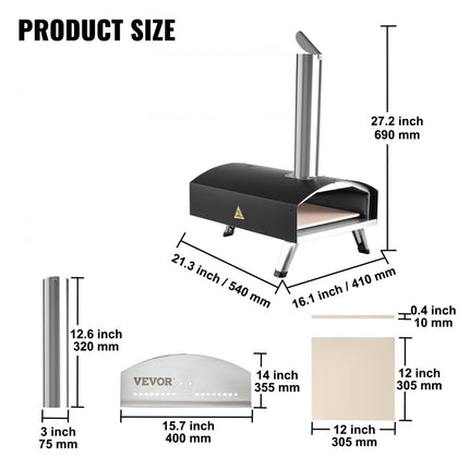VEVOR Outdoor Draagbare Pizza Oven 304.8mm, Gas Houtpellets Houtskool Pizza Oven, RVS Pizza Oven, Max 540℃ Houtpellet Schep & Pizza Steen & Draagtas - Premium Houtgestookte Pizza Oven voor Tuin