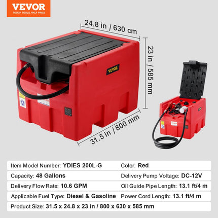 VEVOR draagbare diesel- en benzinetank, 182 liter brandstoftank met 12V transferpomp