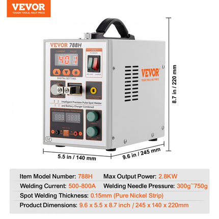 VEVOR draadloze puntlasmachine, 788H pulspuntlasmachine en batterijlader, draagbare krachtige draadloze lasmachine met 2 lasmodi en LED-verlichting voor 0,15 mm puur nikkel, 18650 14500 batterij