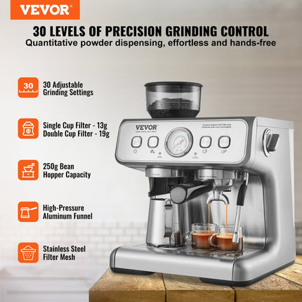 VEVOR espressomachine met molen, 15 bar halfautomatische espressomachine met melkopschuimer, stoompijpje, afneembaar waterreservoir en manometer voor cappuccino, latte, machiato
