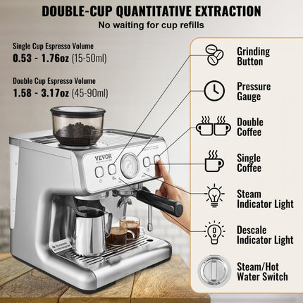 VEVOR espressomachine met molen, 15 bar halfautomatische espressomachine met melkopschuimer, stoompijpje, afneembaar waterreservoir en manometer voor cappuccino, latte, machiato