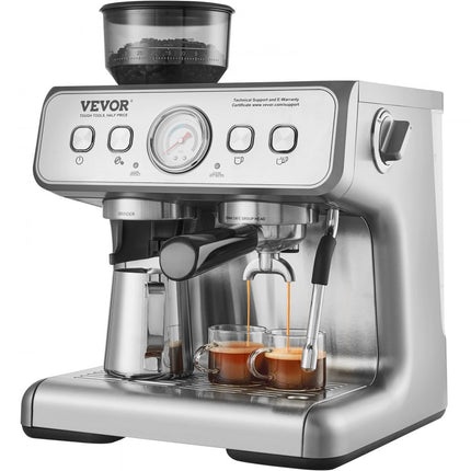 VEVOR espressomachine met molen, 15 bar halfautomatische espressomachine met melkopschuimer, stoompijpje, afneembaar waterreservoir en manometer voor cappuccino, latte, machiato