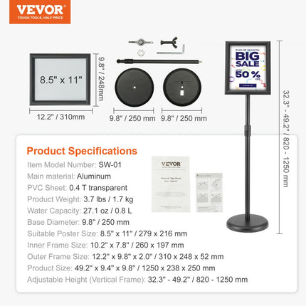 VEVOR informatiestandaard met voet 279 x 216 mm informatiestandaard in hoogte verstelbaar 820-1250 mm posterstandaard, robuuste bordhouderstandaard gevuld met zand of water, voor displays, reclame